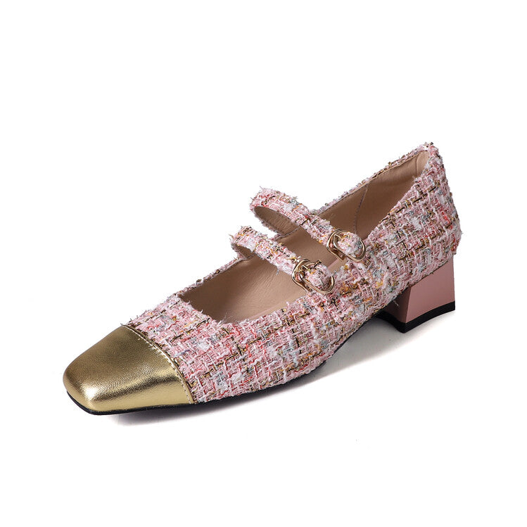 Karin Luna Classic Chanel Style~ Tweed Spring Limit Square Toe Chunky Heel Mary Jane Strap Single Shoes
