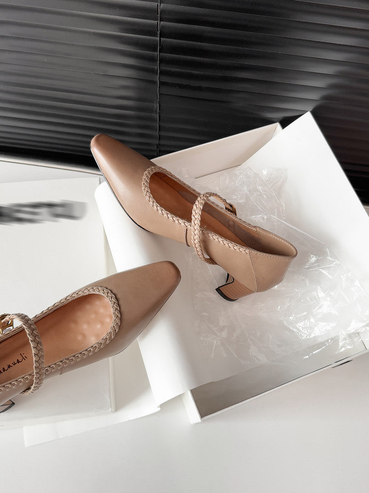 Karin Luna Braided Element Design Chunky Heel Square Toe Single Strap Shoes
