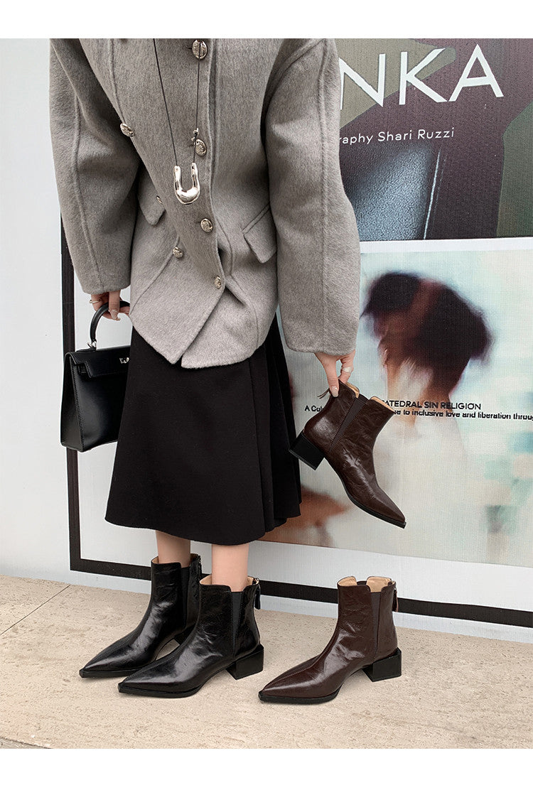 Karin Luna In Stock Spot Goods Elegant Stretch Fabric Patchwork Pointed Toe Chunky Heel Short Boots
