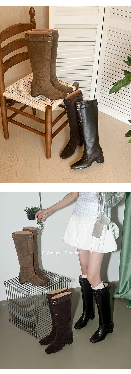 Karin Luna Belt Buckle Elegant Chunky Heel Suede Western Boots