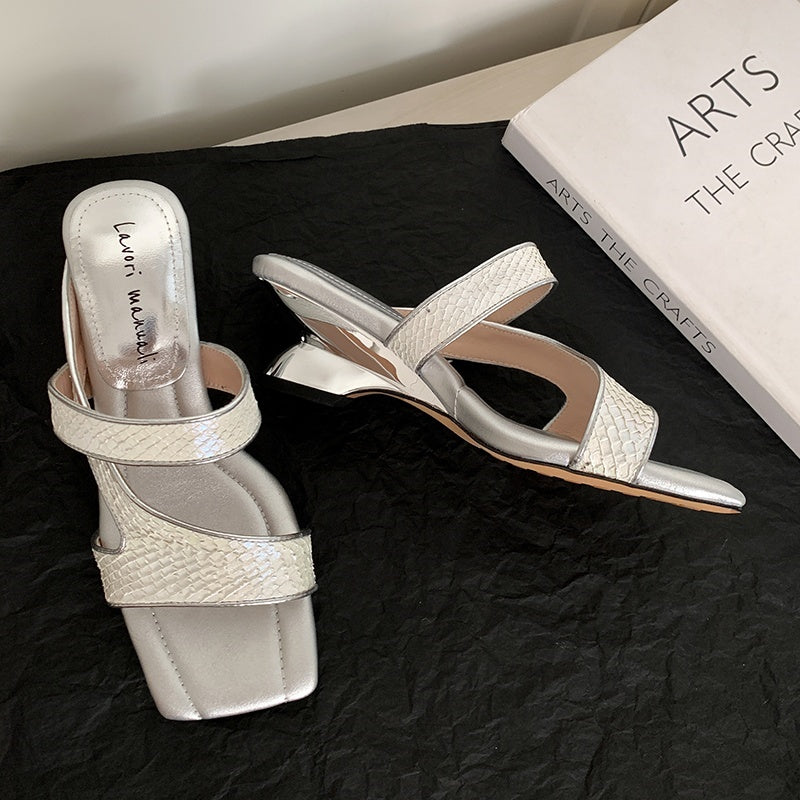Karin Luna Fish Skin Series~Minimalist Square Toe Popular Irregular Heel Slippers