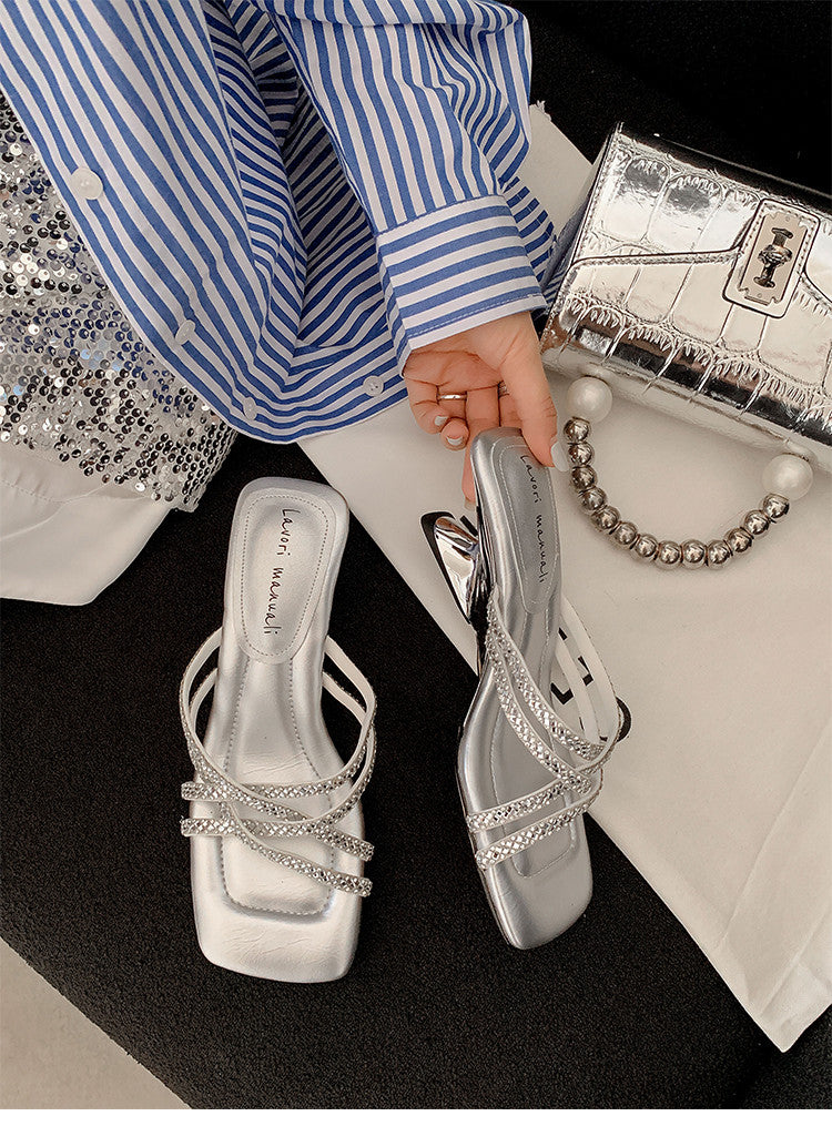 Karin Luna In Stock Spot Goods  Rhinestone Cross Strap Square Toe High Heel Slippers