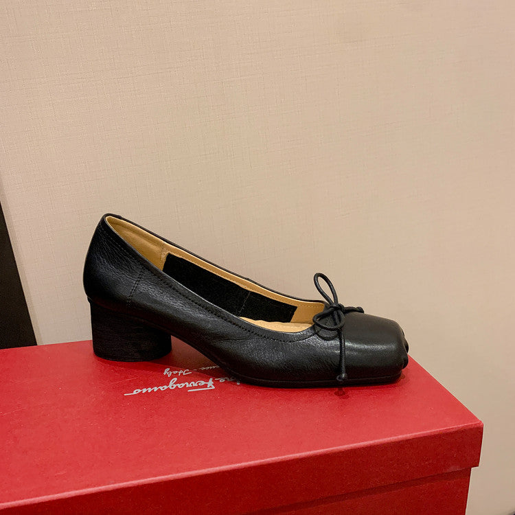 Karin Luna In Stock In Stock ~Full leather inside and out Pig Nose Bow Retro Thick Heel Mary Jane Shoes