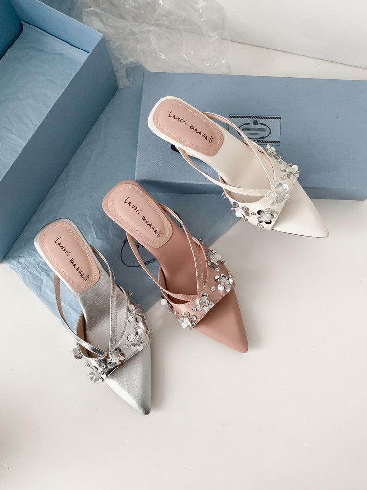Karin Luna Bestseller Sequin Elements Elegant Pointed Toe Irregular Heel Slippers