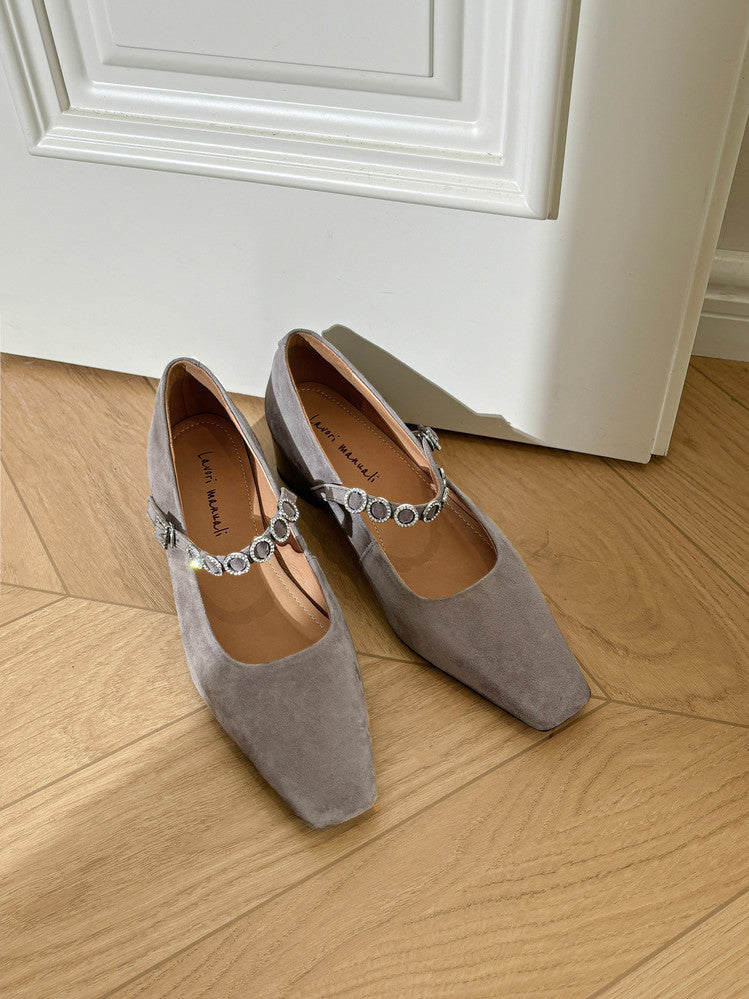 Karin Luna In Stock Spot Goods  Vintage Full Leather Square Toe Rhinestone Strap Shallow Mouth Single Shoes