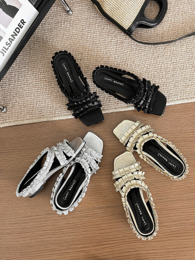 Karin Luna In Stock   Spot Goods  Niche Design Square-Toed Pleated Flat Slippers