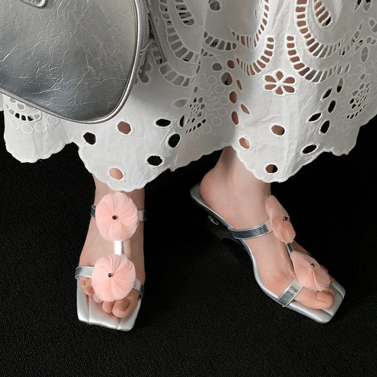 Karin Luna Hot-Selling Floral Square Toe Irregular Heel Floral Slippers