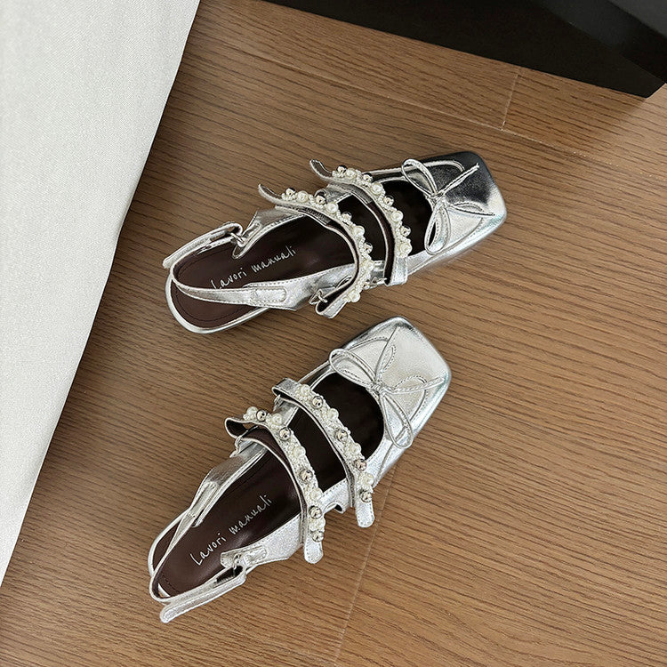 Karin Luna In Stock In Stock  Square Toe Bowknot Pearl Strap Closed-Toe Sandals