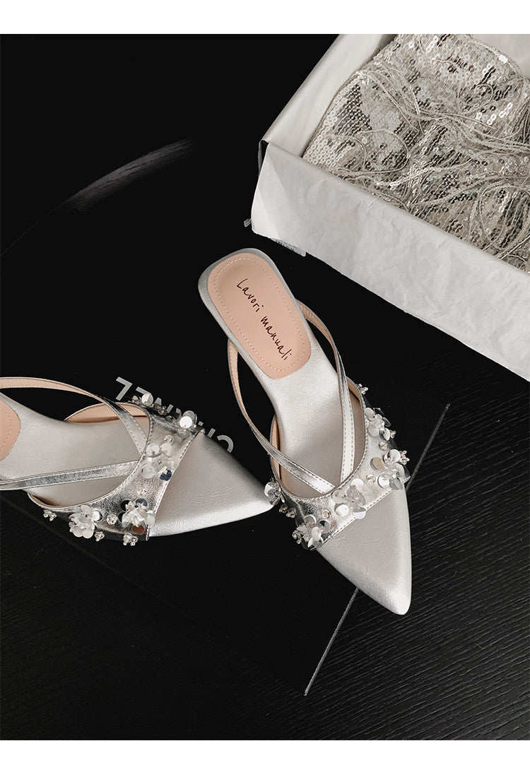 Karin Luna Bestseller Sequin Elements Elegant Pointed Toe Irregular Heel Slippers