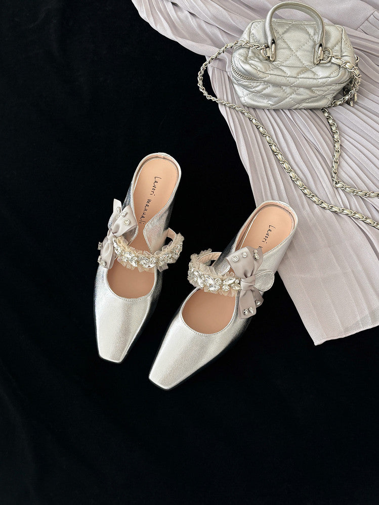 Karin Luna Handmade One-Strap Rhinestone Ribbon Square-Toe Mules