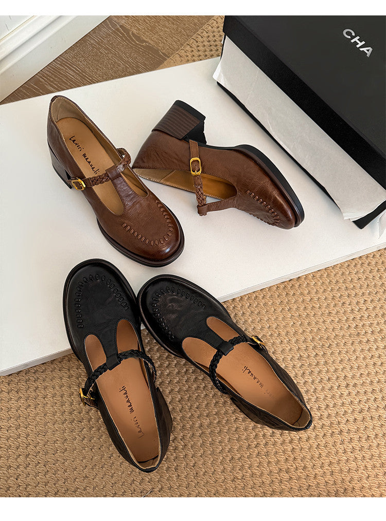Karin Luna In Stock Spot Goods Vintage Braided Twist High Heels T Round Toe Thick Sole Single Shoes