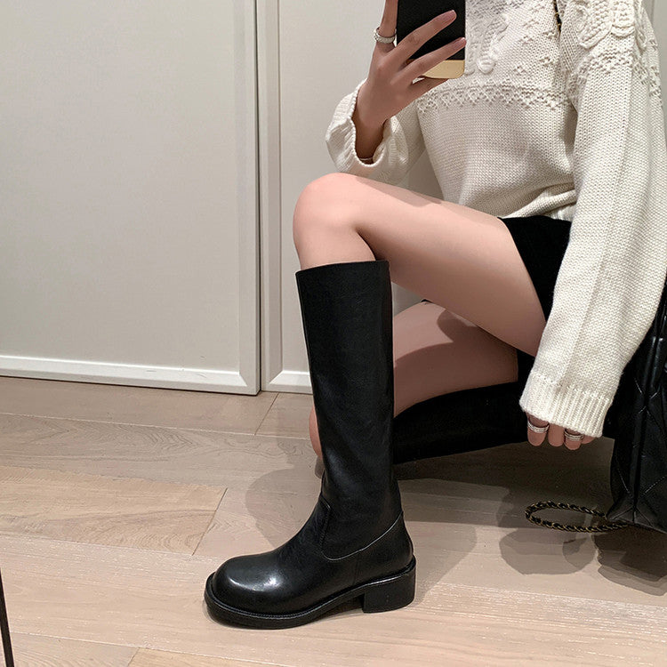 Karin Luna Basic Versatile Style Round Toe Chunky Heel Long Boots