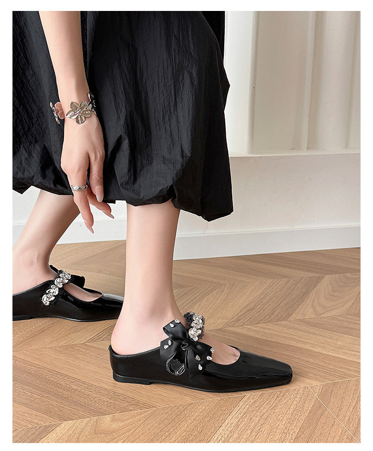 Karin Luna Handmade One-Strap Rhinestone Ribbon Square-Toe Mules