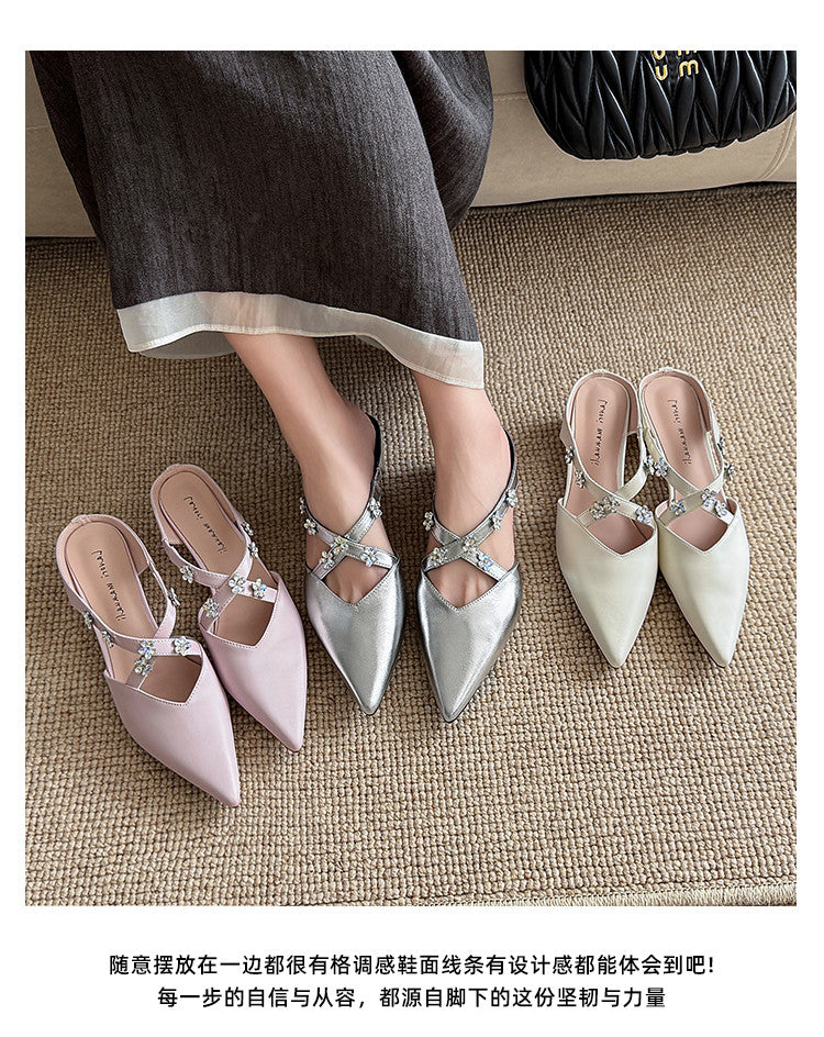 Karin Luna Elegant Pointed Toe Rhinestone Flower High Heel Mules