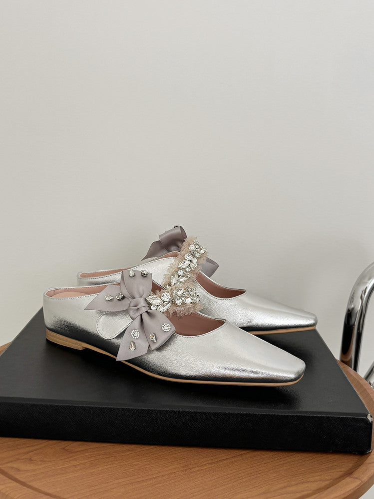 Karin Luna Handmade One-Strap Rhinestone Ribbon Square-Toe Mules