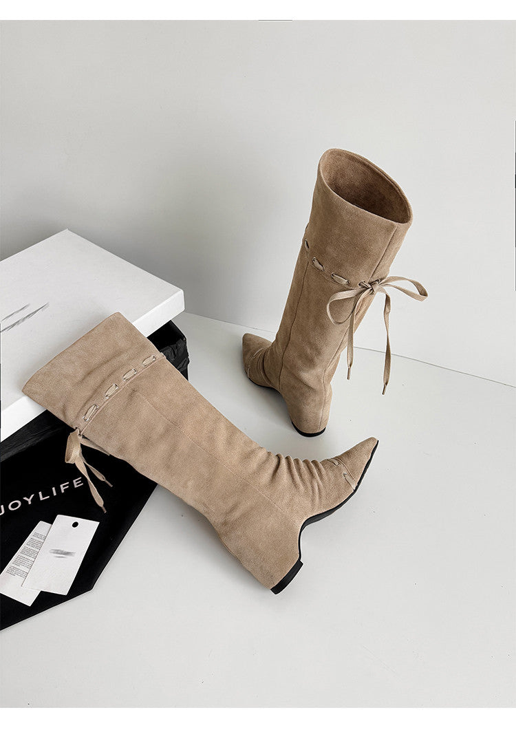 Karin Luna Elegant Style  Pointed Toe Pleated Hidden Wedge Western Boots