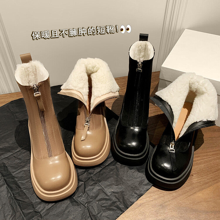 Karin Luna Basic Bestseller Timeless Thick Fur Lined Round Toe Thick Sole Cowhide Snow Boots