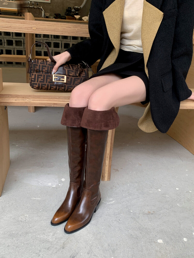 Karin Luna exploded  Three versions exploded Single Fleece Lining Fur Collar Version  Thick Fur Collar Foldable Hot-Selling Full Cowhide Pointed Toe Chunky Heel Classic Style