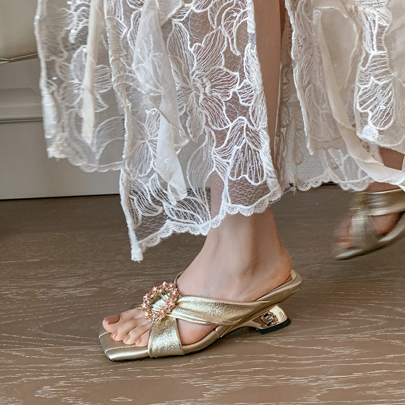 Karin Luna In Stock In Stock Elegant Square-Toe Cross-Strap Rhinestone Square-Toe Slippers