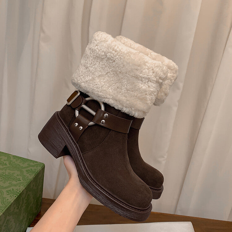 Karin Luna Genuine Lamb Wool and Cowhide Leather Hot-selling Metal Buckle Round Toe Chunky Heel Main Push Main Push