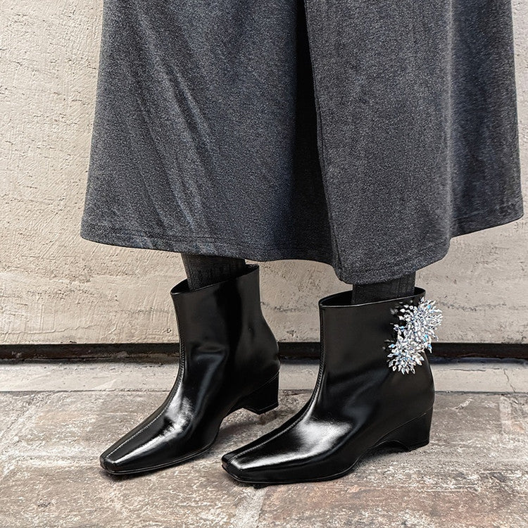 Karin Luna Elegant Style Square Toe Flower Design Height Increasing Short Boots with Two Front and Back Options