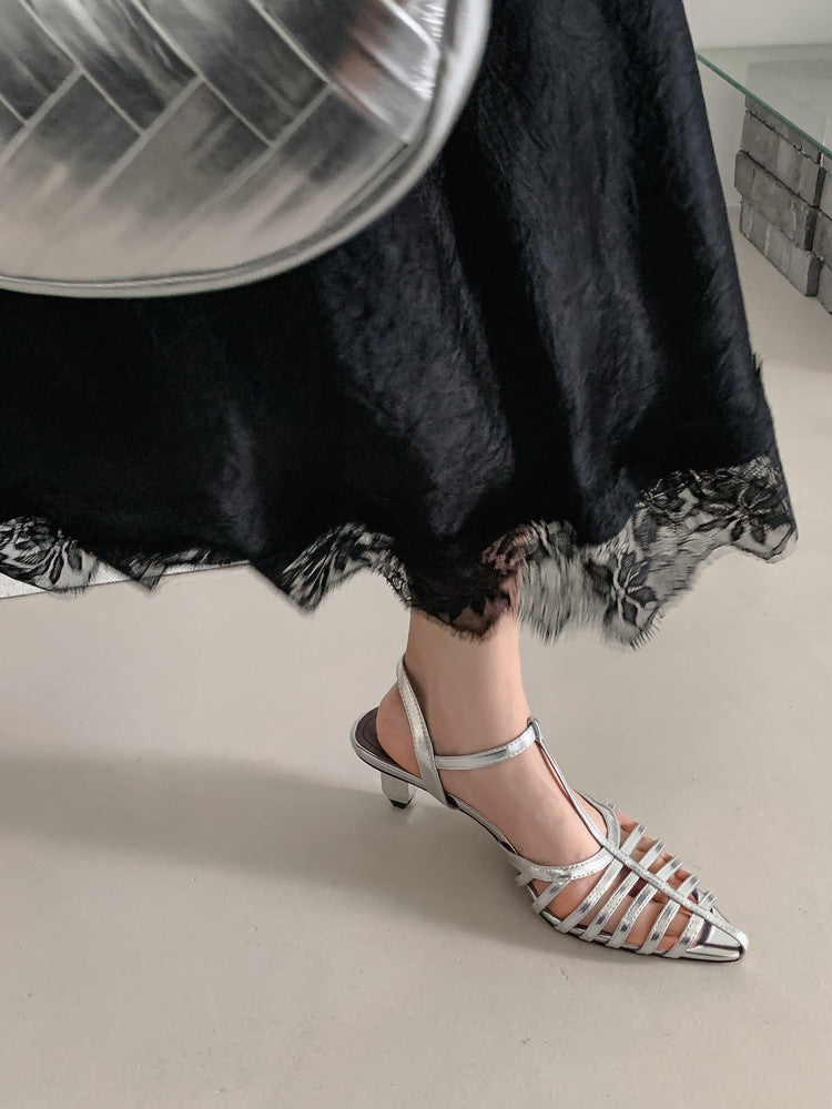 Karin Luna French Hollow Toe Metal Heel Elegant Sandals