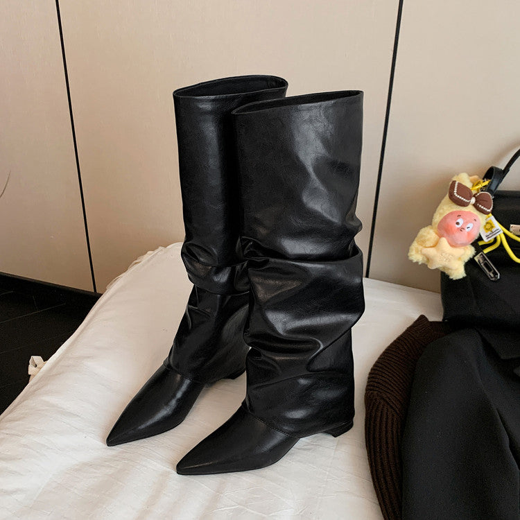 Karin Luna Elegant Style Pointed Toe Hidden Wedge Long Boots