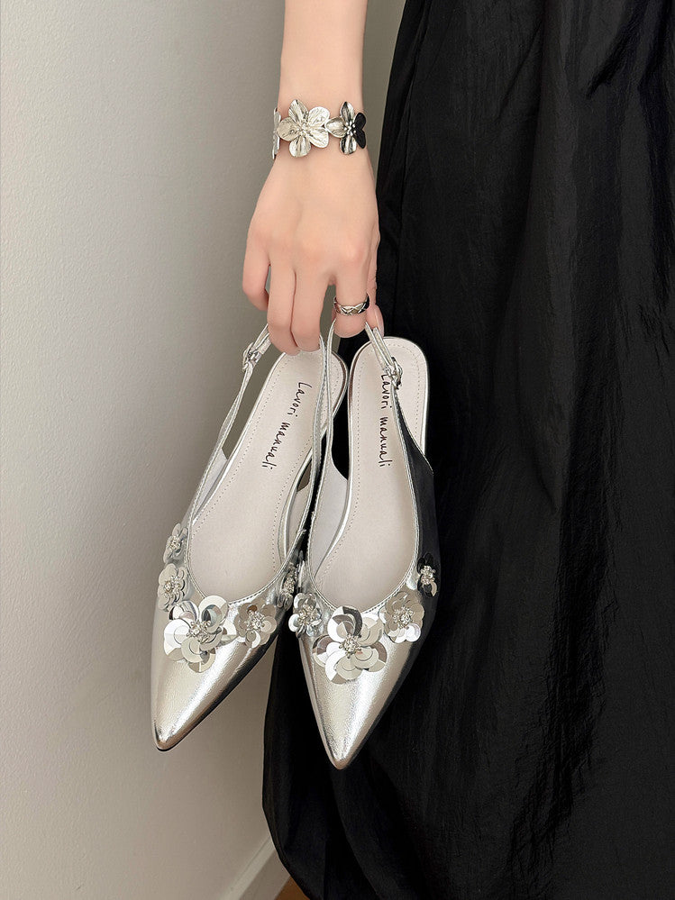 Karin Luna In Stock In Stock  Sequin Floral Pointed Toe Chunky Heel Closed-Toe Sandals
