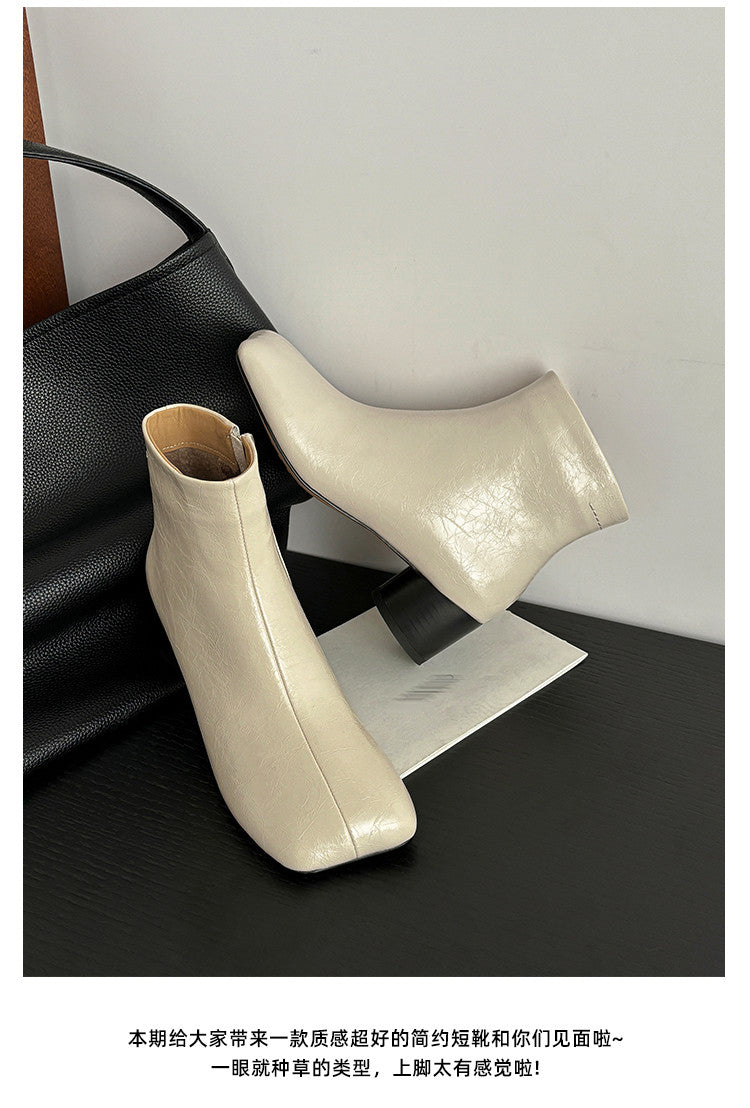 Karin Luna French Style Square Toe Chunky Heel Ankle Boots