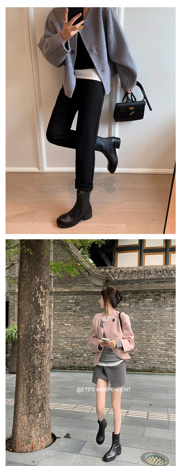 Karin Luna In Stock Spot Goods  Full-grain leather inside and out   Minimalist Texture  Round Toe Flat Bottom Basic Short Boots