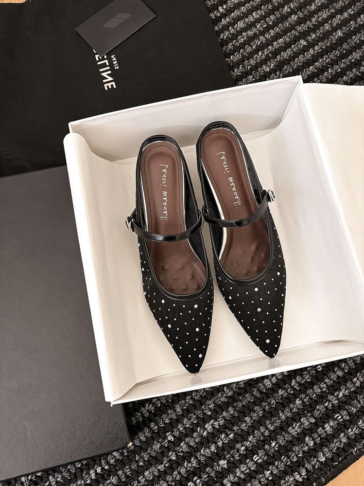 Karin Luna In Stock Spot Goods  Breathable Mesh Fabric Embellished Hand Drill Pointed Toe Slippers