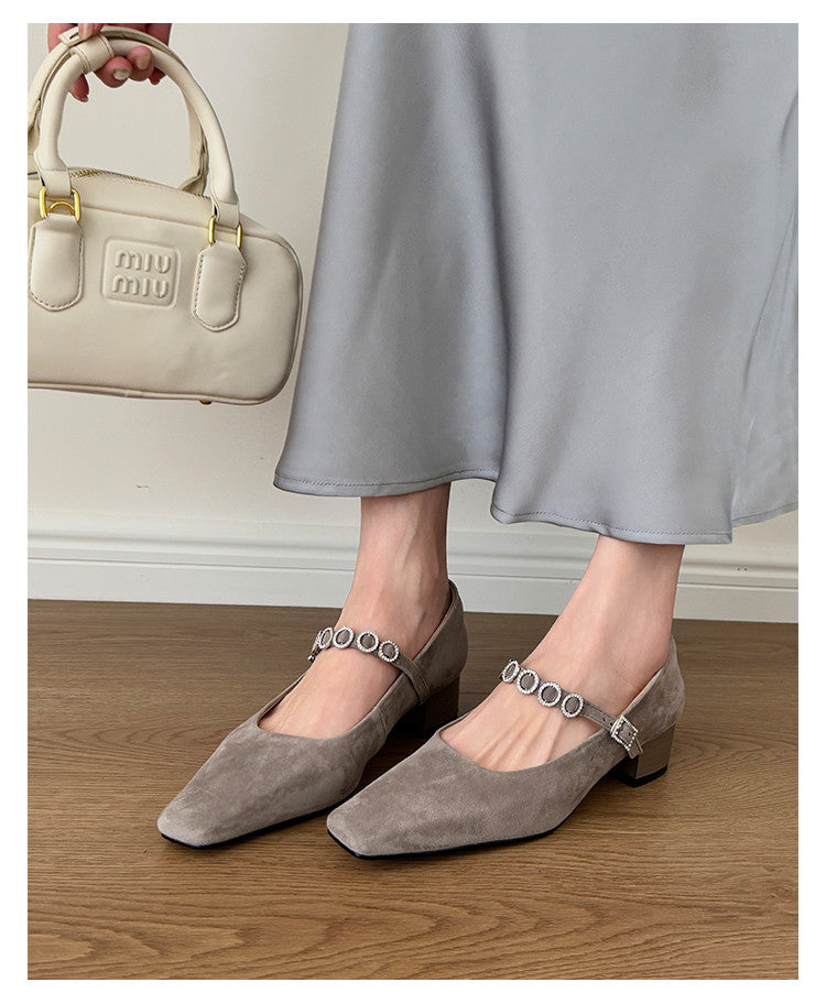 Karin Luna In Stock Spot Goods  Vintage Full Leather Square Toe Rhinestone Strap Shallow Mouth Single Shoes