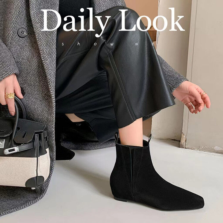 Karin Luna Classic Style Internal Height Increase Cowhide Leather Small Square Toe Short Fashion Boots