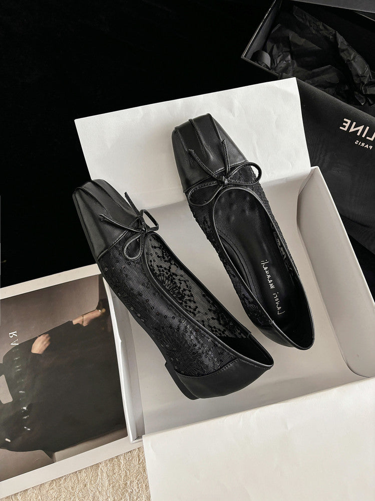Karin Luna In Stock In Stock  Wrinkled Square Toe Patchwork Breathable Mesh Bow Granny Shoes