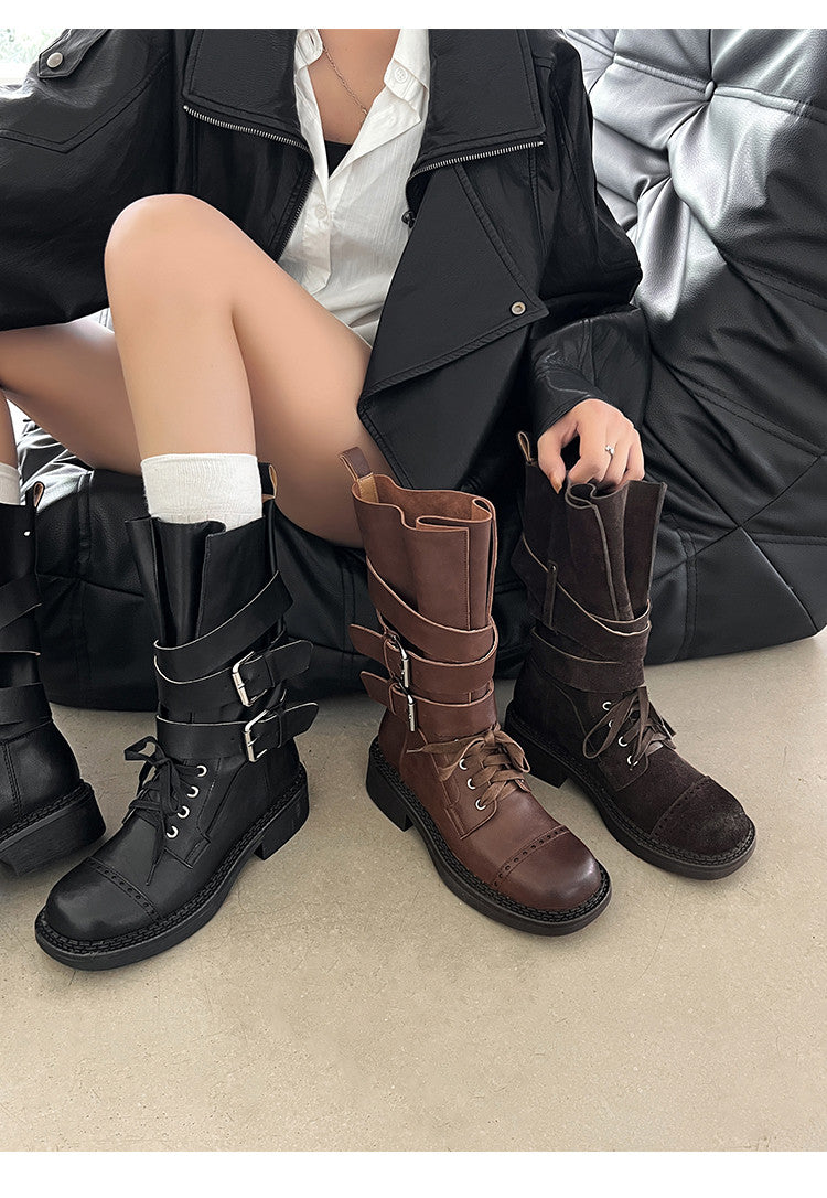 Karin Luna Bestseller Hot-Selling Large Tube Leather Belt Buckle Round Toe Thick-Soled Short Boots