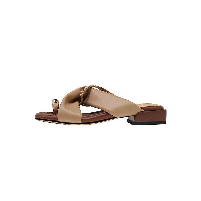 Karin Luna  Square Toe Braided Cross Thick Heel Flat Slippers
