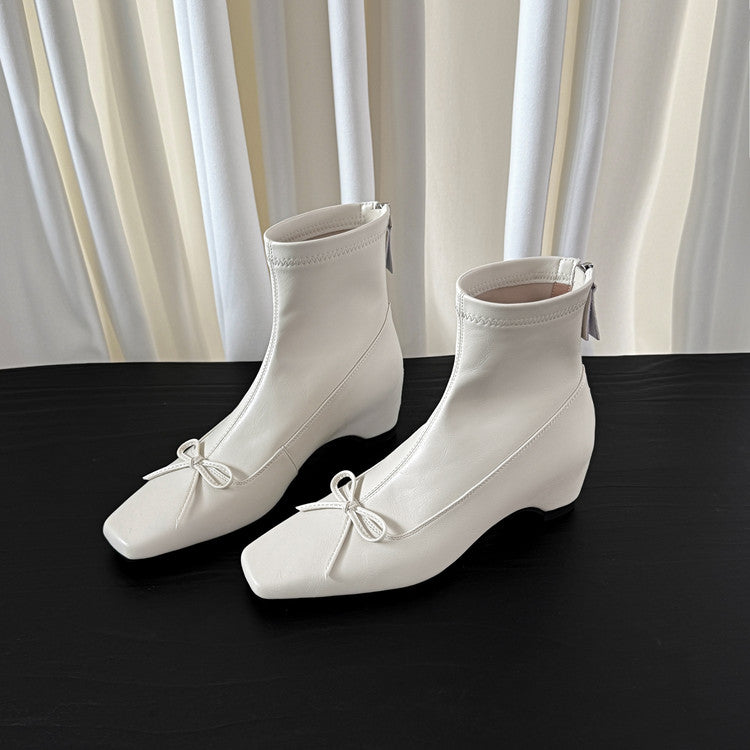 Karin Luna French Style Square Toe Bowknot Hidden Wedge Slim Boots