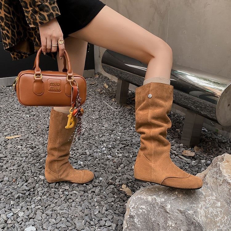 Karin Luna In Stock Spot Goods Vintage Cowhide Leather Inner Height Increase Mango Toe Suede Long Boots