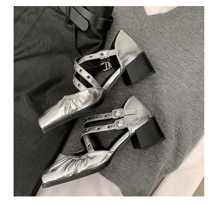 Karin Luna In Stock Spot Goods First Layer Sheepskin Cross Strap Rivet Square Toe Mary Jane Sandals