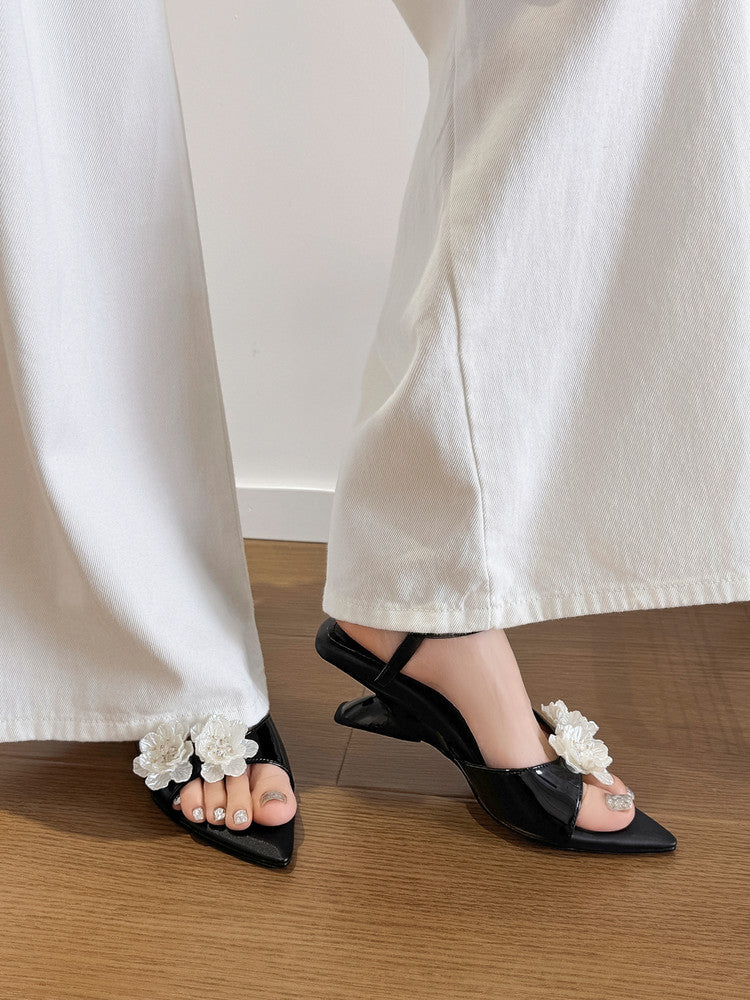 Karin Luna In Stock Spot Goods  Classic Camellia Pointed Toe Elegant Irregular Heel Sandals