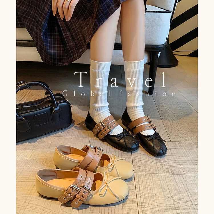 Karin Luna In Stock Spot Goods Minimalist Retro Round Toe Mary Jane Bowknot Height-Increasing Flats