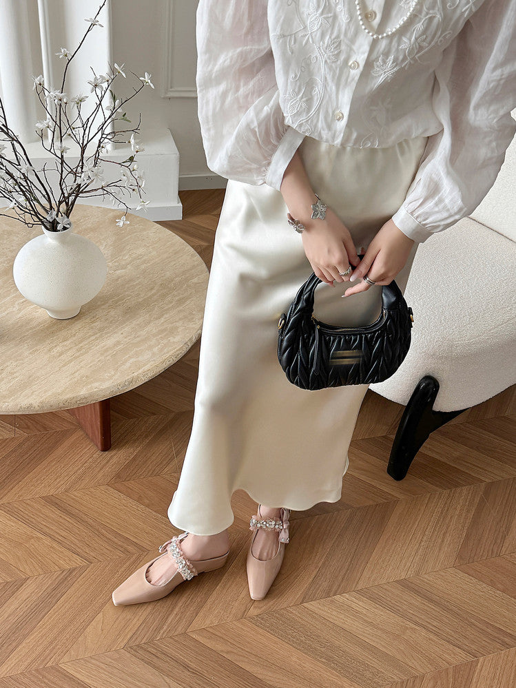 Karin Luna Handmade One-Strap Rhinestone Ribbon Square-Toe Mules