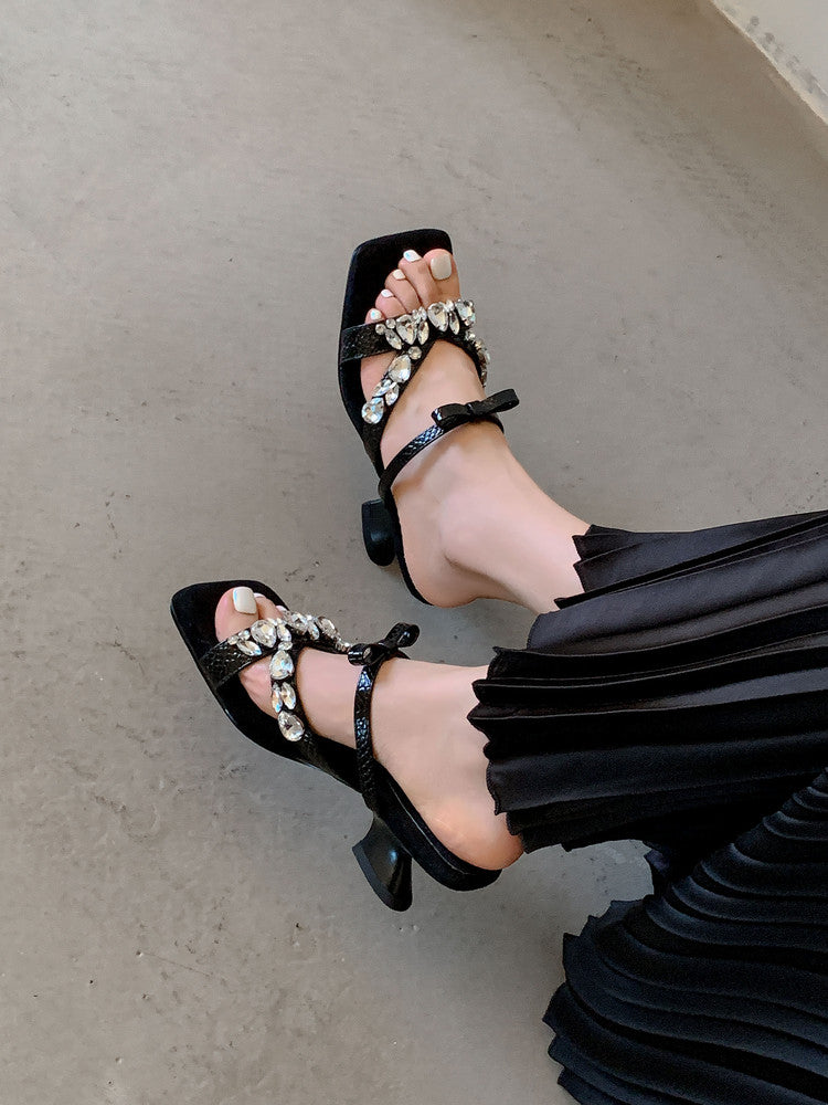 Karin Luna In Stock In Stock  Square Toe Rhinestone Bow Suede Slippers