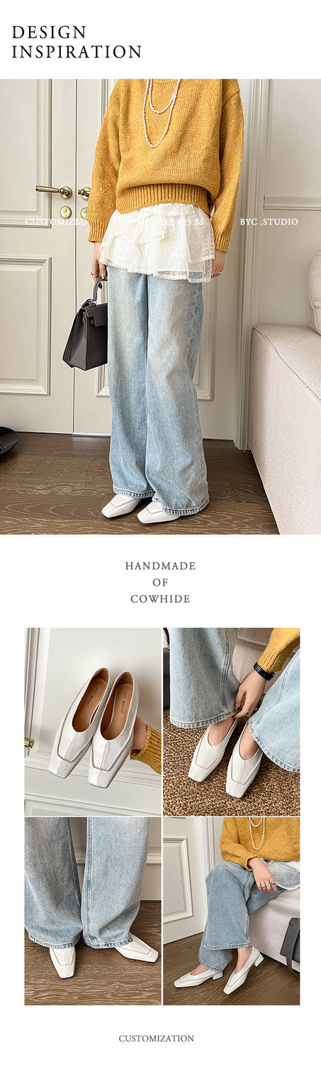 Karin Luna In Stock Spot Goods  Retro Full Leather Square Toe Shallow Mouth Single Shoes