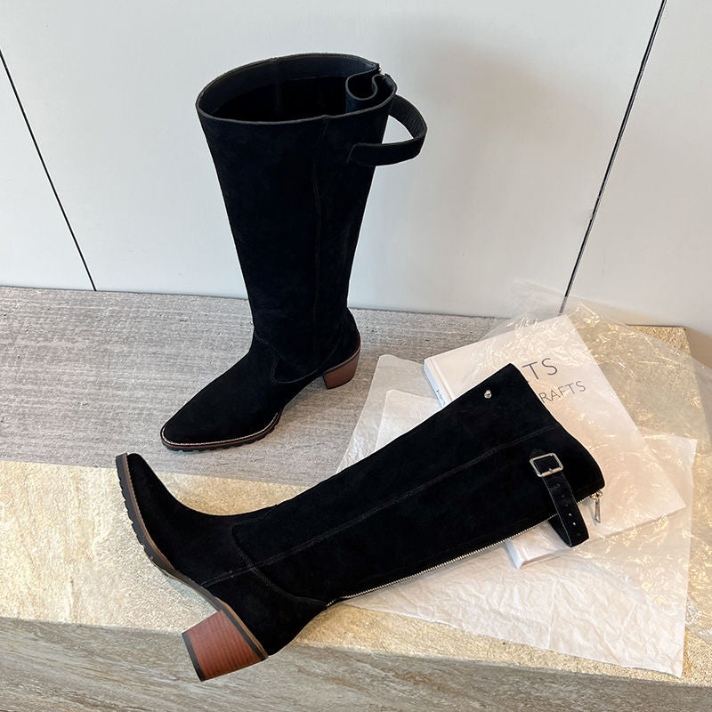 Karin Luna In Stock Spot Goods Retro Cowhide Leather Chunky Heel Suede Long Boots