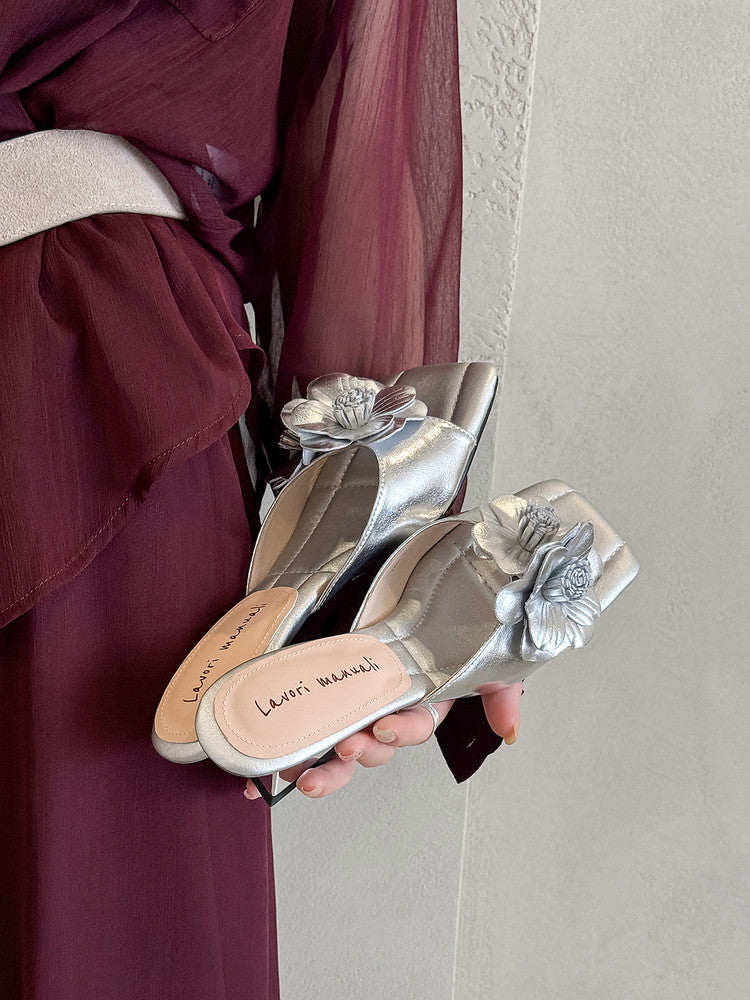 Karin Luna In Stock Spot Goods Camellia Classic style retro square toe shaped heel slippers
