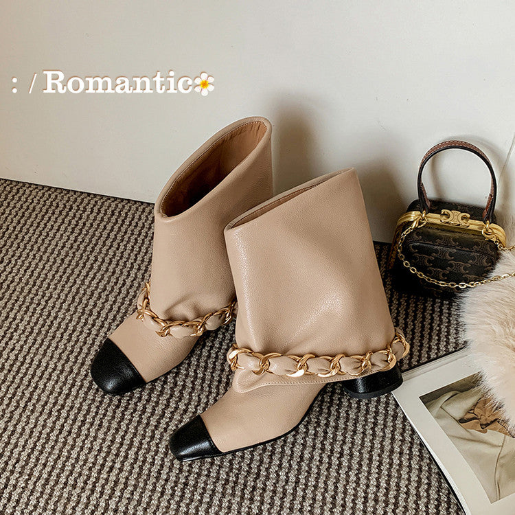 Karin Luna Classic Style Xiangjia Style Chunky Heel Chain Ankle Boots