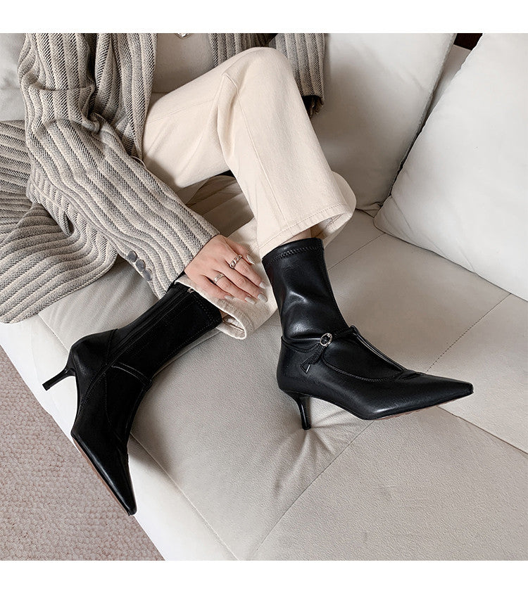 Karin Luna In Stock Spot Goods Elegant Stiletto Pointed Toe Side Zipper Short Boots