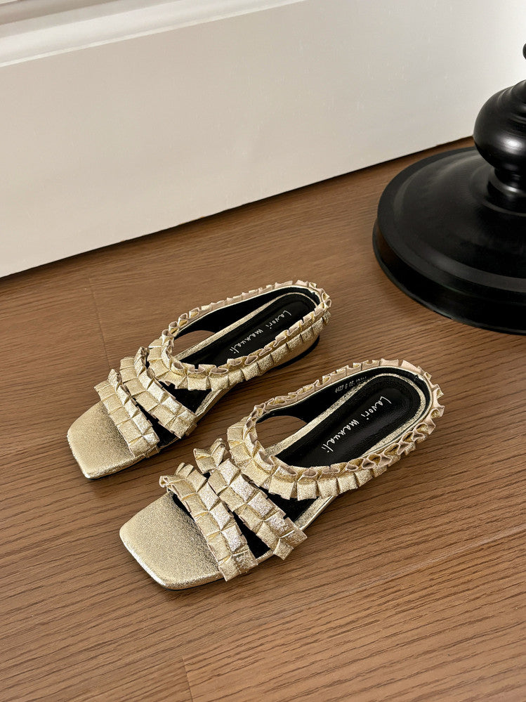 Karin Luna In Stock   Spot Goods  Niche Design Square-Toed Pleated Flat Slippers