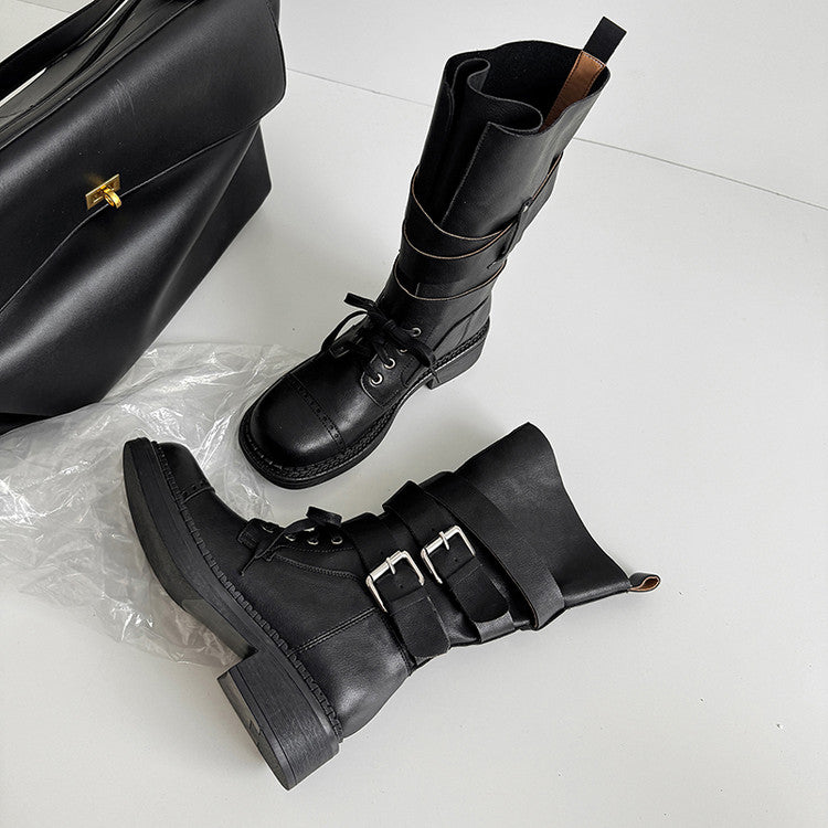 Karin Luna Bestseller Hot-Selling Large Tube Leather Belt Buckle Round Toe Thick-Soled Short Boots